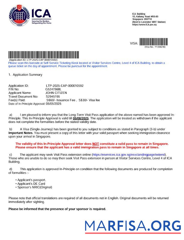 Printable Singapore visa approval letter template in Word and Pdf formats